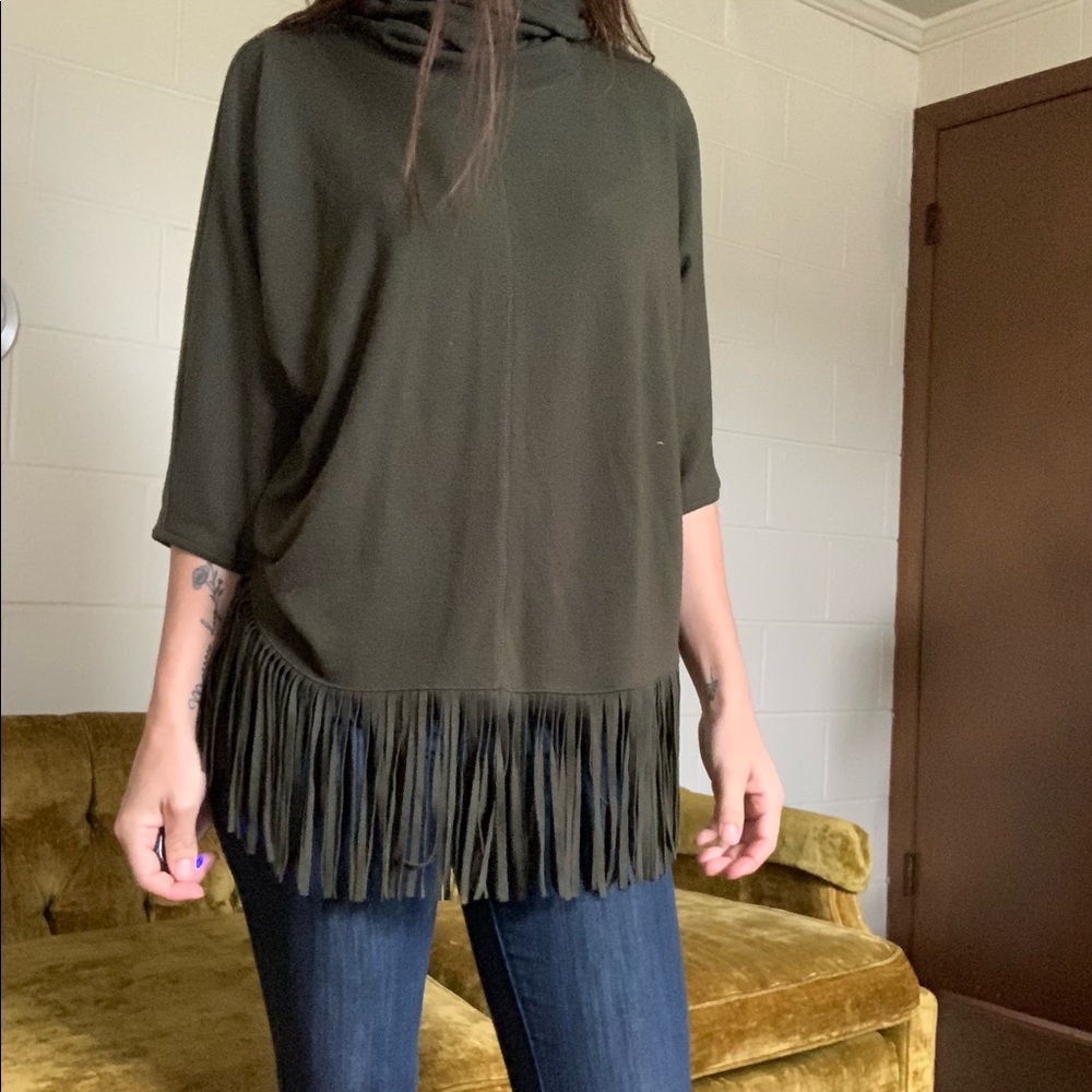Forest green Fringe cowl neck Terre Blue shirt